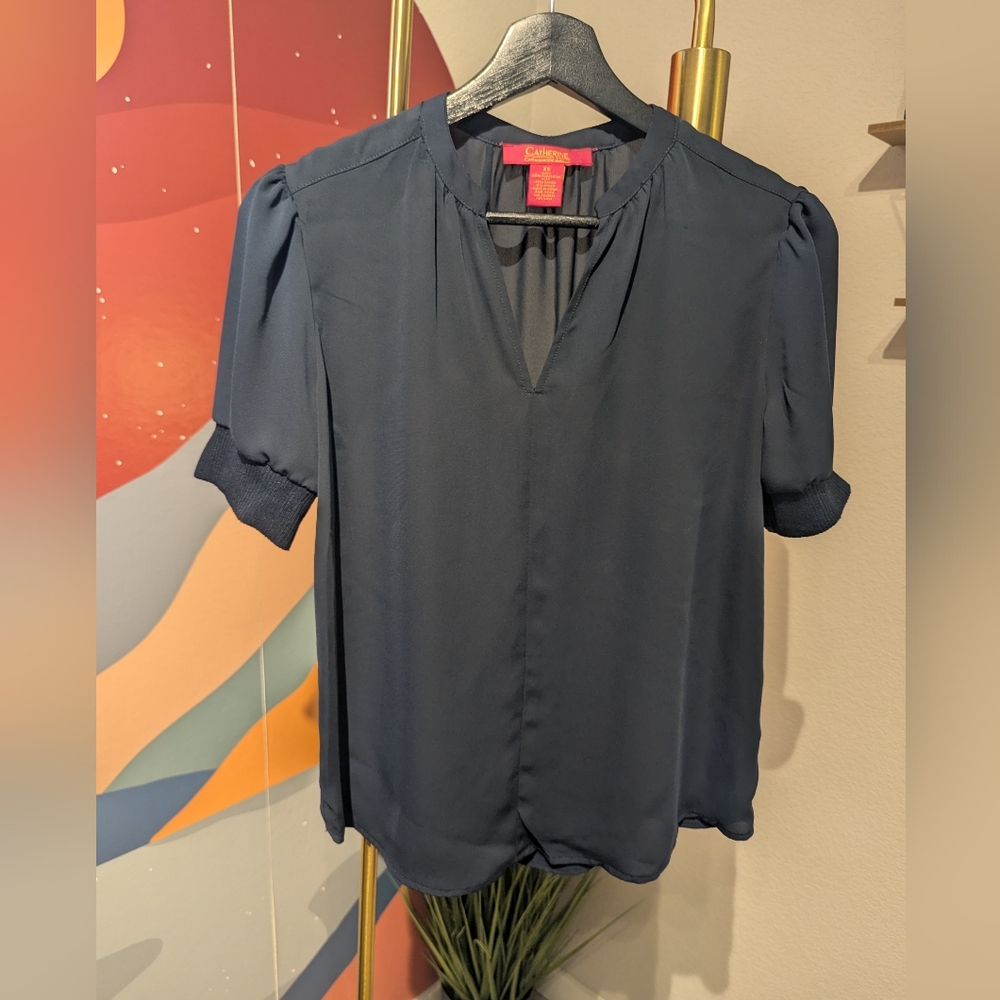 Catherine Malandrino Blue Short Sleeve Mandarin Collar Blouse